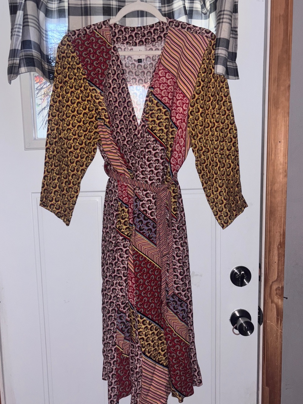 CAbi Mixed-Print Long Sleeve Wrap Dress in Mustard, Burgundy and Pink